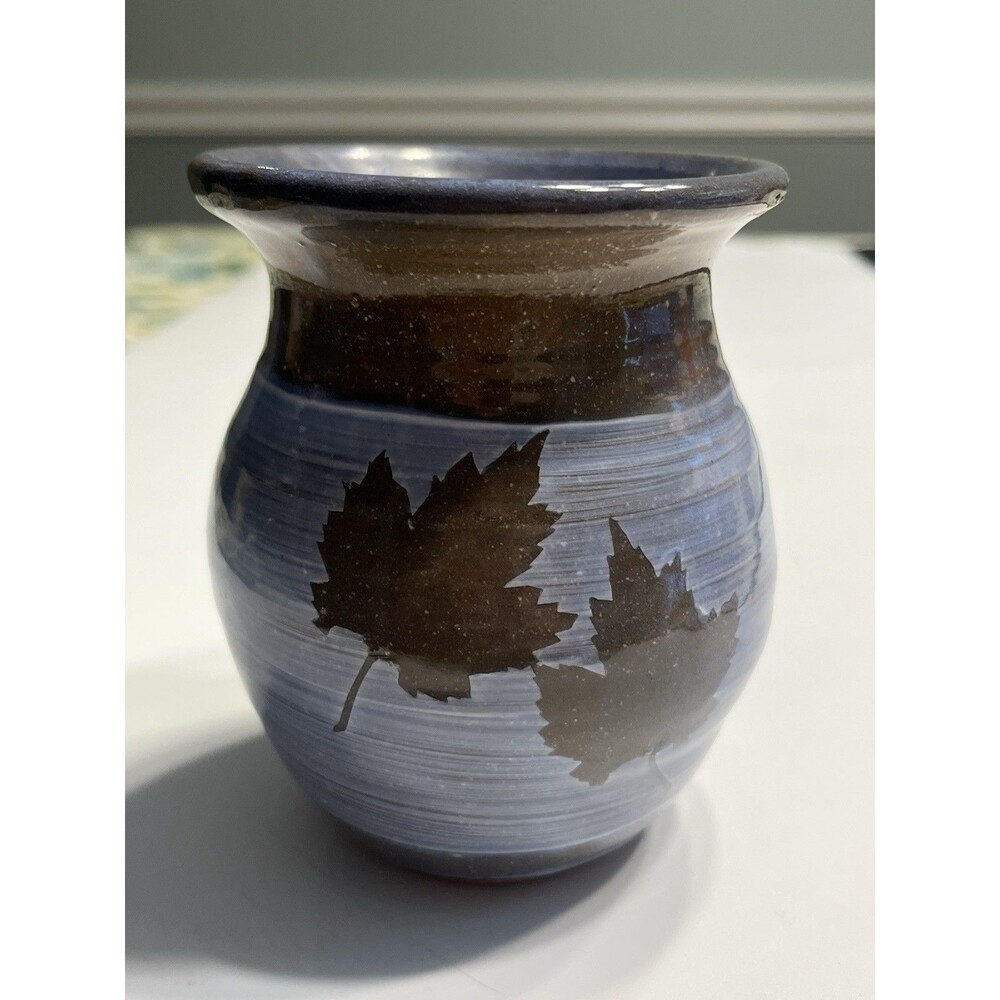 Studio Art Pottery Blue Glazed Leaf Vase Artist Signed Ginger 96